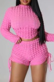 Pink Casual Solid Draw String Frenulum Half A Turtleneck Long Sleeve Two Pieces