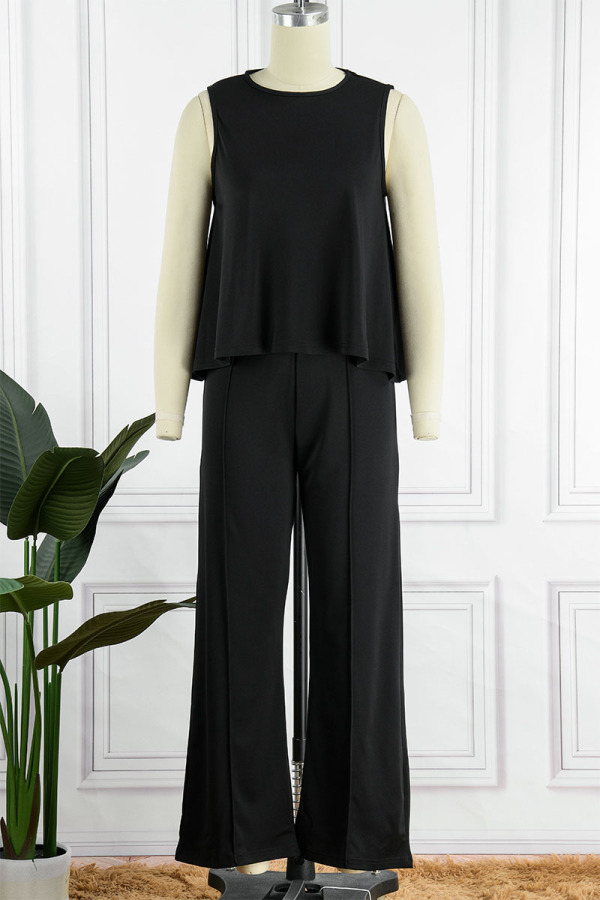 Casual Solid Patchwork O Neck Sleeveless Two Pieces(4 Colors)