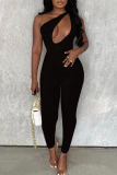 Khaki Sexy Solid Hollowed Out One Shoulder Skinny Jumpsuits