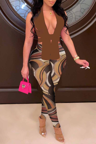 Coffee Fashion Sexy Print Patchwork V Neck Sleeveless Two Pieces