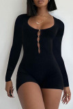 Black Casual Solid Hollowed Out Patchwork U Neck Skinny Rompers