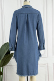 Sky Blue Fashion Casual Solid Ripped Turndown Collar Long Sleeve Regular Denim Dresses