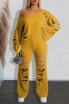 Yellow Casual Street Solid Ripped Hollowed Out Patchwork Oblique Collar Long Sleeve Two Pieces