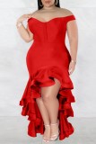 Red Sexy Formal Solid Patchwork Backless Off the Shoulder Evening Dress Plus Size Dresses