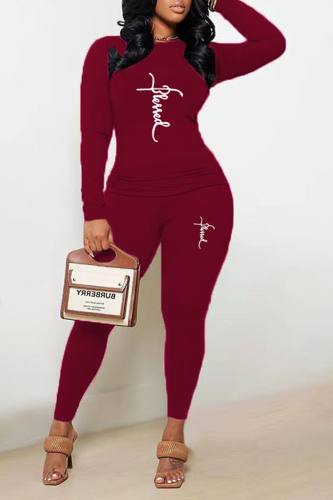 Burgundy Street Print Patchwork O Neck Long Sleeve Two Pieces