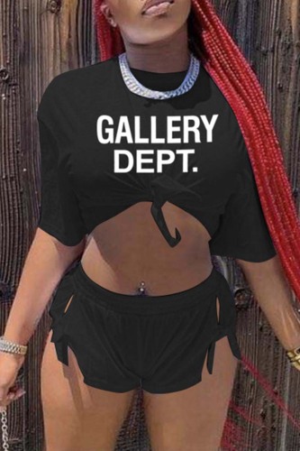 Black Sexy Casual Letter Print Frenulum Slit O Neck Short Sleeve Two Pieces