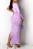 Purple Sexy Solid Hollowed Out Patchwork Slit Oblique Collar Long Dress Dresses