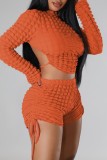 Orange Casual Solid Draw String Frenulum Half A Turtleneck Long Sleeve Two Pieces
