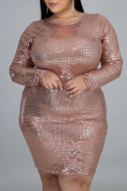 Rose Gold Sexy Solid Patchwork Backless O Neck One Step Skirt Plus Size Dresses