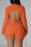 Orange Casual Solid Draw String Frenulum Half A Turtleneck Long Sleeve Two Pieces