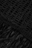 Black Street Solid Tassel Patchwork Cardigan Collar Outerwear