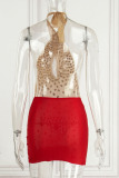 Red Sexy Solid Patchwork See-through Hot Drill Halter Pencil Skirt Dresses