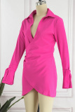 Rose Red Sexy Casual Solid Patchwork Turndown Collar Long Sleeve Dresses