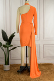 Orange Sexy Solid Hollowed Out Patchwork Feathers Turtleneck Long Sleeve Dresses