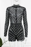 Black Fashion Sexy Patchwork Hot Drilling See-through Turtleneck Skinny Romper