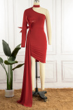 Red Sexy Solid Hollowed Out Patchwork Feathers Turtleneck Long Sleeve Dresses