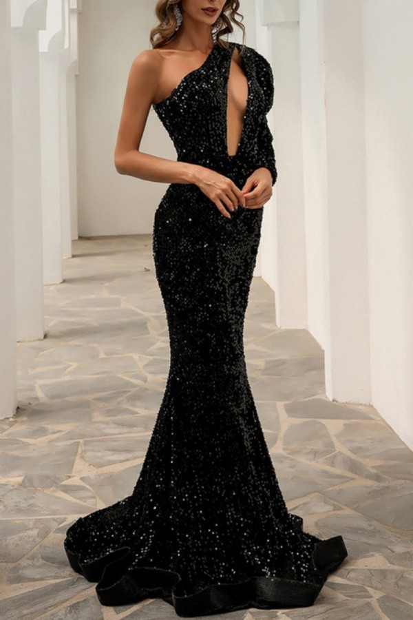Sexy Formal Patchwork Hollowed Out Sequins Frenulum Slit Oblique Collar Evening Dress Dresses