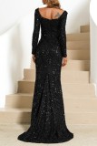 Black Sexy Formal Patchwork Sequins Square Collar Evening Dress Dresses