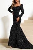 Black Sexy Formal Patchwork Sequins Square Collar Evening Dress Dresses