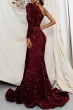 Burgundy Sexy Formal Patchwork Hollowed Out Sequins Oblique Collar Evening Dress Dresses