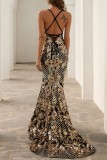 Gold Sexy Formal Patchwork Sequins Backless Cross Straps Spaghetti Strap Evening Dress Dresses