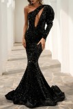Black Sexy Formal Patchwork Hollowed Out Sequins Oblique Collar Evening Dress Dresses