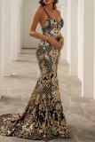 Gold Sexy Formal Patchwork Sequins Backless Cross Straps Spaghetti Strap Evening Dress Dresses