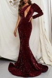 Black Sexy Formal Patchwork Hollowed Out Sequins Oblique Collar Evening Dress Dresses