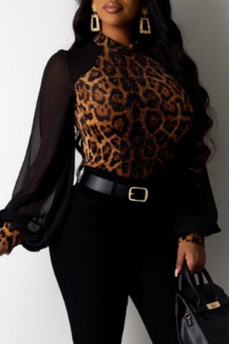 Brown Casual Print Leopard Patchwork Half A Turtleneck Tops