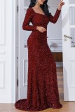 Red Sexy Formal Patchwork Sequins Square Collar Evening Dress Dresses