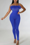 White Sexy Solid Patchwork Feathers Spaghetti Strap Skinny Jumpsuits