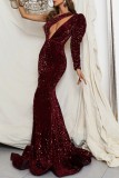 Burgundy Sexy Formal Patchwork Hollowed Out Sequins Oblique Collar Evening Dress Dresses
