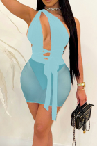 Light Blue Sexy Solid Bandage See-through One Shoulder Pencil Skirt Dresses