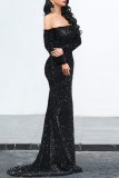 Black Sexy Formal Solid Hollowed Out Patchwork Off the Shoulder Evening Dress Dresses