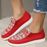 Red Casual Patchwork Printing Round Comfortable Flats Shoes