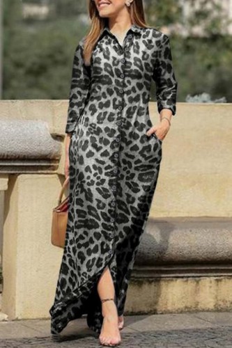 Grey Casual Print Leopard Patchwork Turndown Collar Long Sleeve Dresses