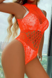 Fluorescent Orange Sexy Solid Hollowed Out Patchwork Valentines Day Lingerie