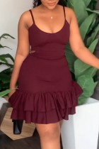 Burgundy Sexy Casual Solid Spaghetti Strap Wrapped Skirt Dresses