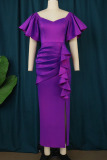 Purple Casual Elegant Solid Patchwork Flounce Fold V Neck Dresses