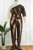 Gold Fashion Casual Solid Backless Oblique Collar Plus Size Jumpsuits