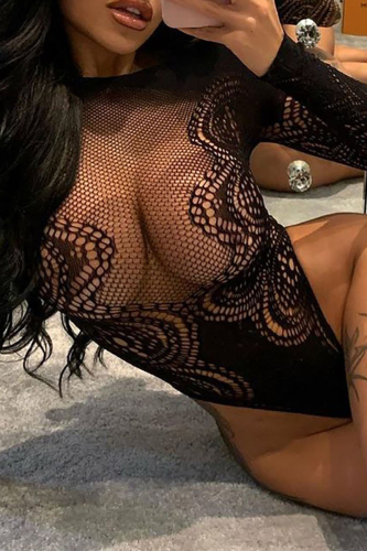 Black Sexy Solid Hollowed Out Patchwork See-through Mesh Valentines Day Lingerie