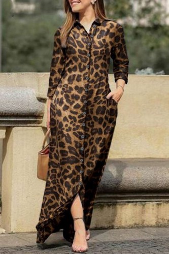 Coffee Casual Print Leopard Patchwork Turndown Collar Long Sleeve Dresses