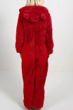Watermelon Red Casual Living Solid Patchwork Hooded Collar Regular Jumpsuits