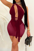 Burgundy Sexy Solid Bandage See-through One Shoulder Pencil Skirt Dresses
