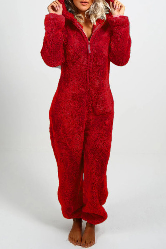 Watermelon Red Casual Living Solid Patchwork Hooded Collar Regular Jumpsuits