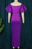 Purple Casual Elegant Solid Patchwork Flounce Fold V Neck Dresses