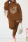 Brown Street Print Patchwork O Neck Long Sleeve Two Pieces
