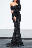 Black Sexy Formal Solid Hollowed Out Patchwork Off the Shoulder Evening Dress Dresses