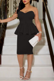 Black Casual Elegant Solid Patchwork Flounce Strapless One Step Skirt Dresses