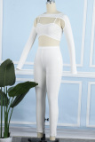 White Sexy Solid Hollowed Out O Neck Long Sleeve Three-piece Set